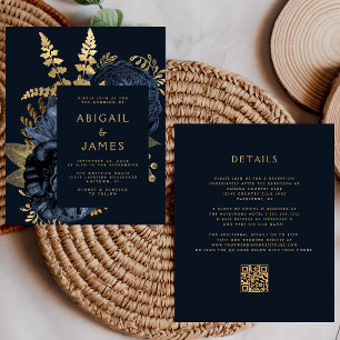 Budget Moody Floral Navy Blue Gold QR Code Wedding
