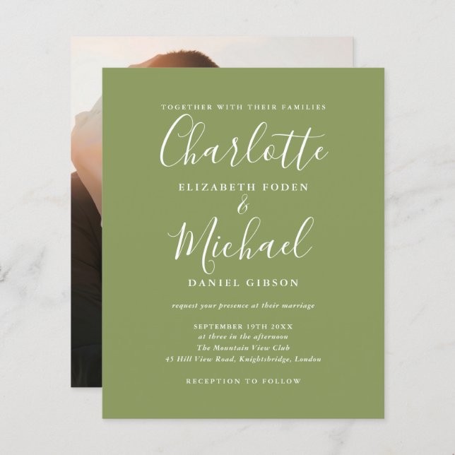 Budget Moss Green Photo Wedding Invitation (Front/Back)
