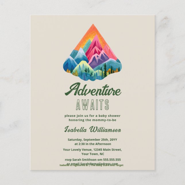 Budget Mountain Adventure Awaits Baby Shower  (Front)