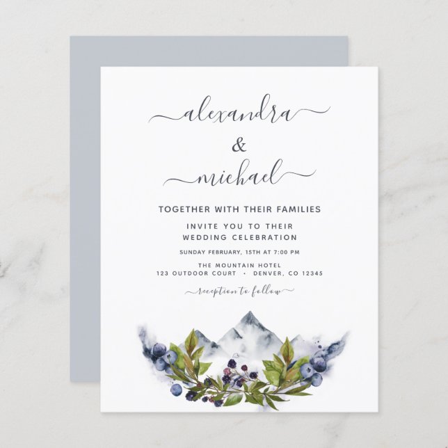 Budget Mountain Rustic Watercolor Greenery Wedding (Front/Back)