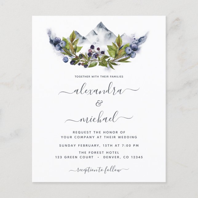 Budget Mountain Rustic Watercolor Greenery Wedding Flyer (Front)