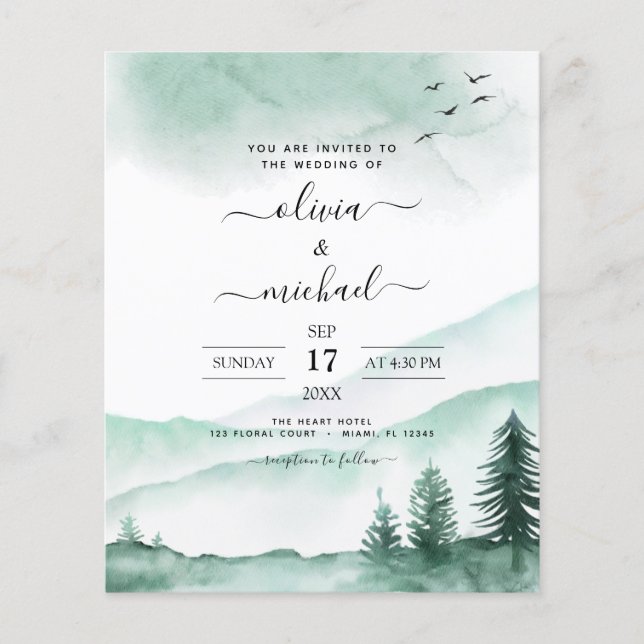 Budget Mountain Rustic Watercolor Greenery Wedding Flyer (Front)