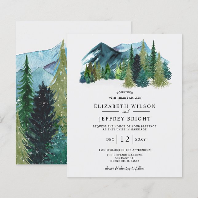 Budget Mountains Pine Winter Wedding Invitation (Front/Back)