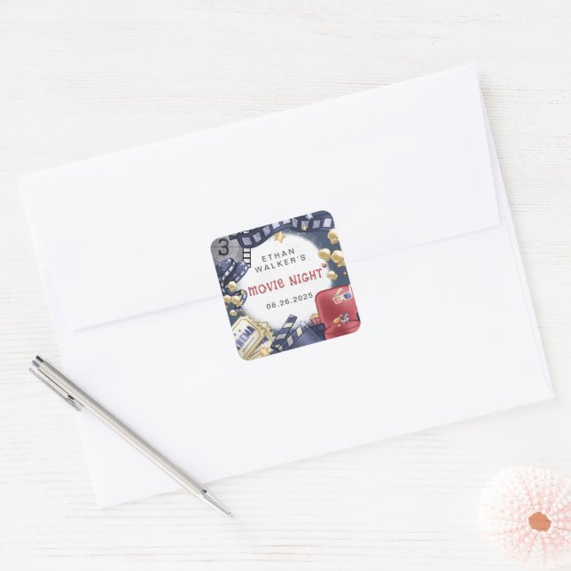 Budget Movie Night Kids Birthday Square Sticker (Envelope)