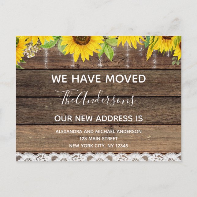 Budget Moving Announcement Rustic Sunflower Wood Postcard (Front)