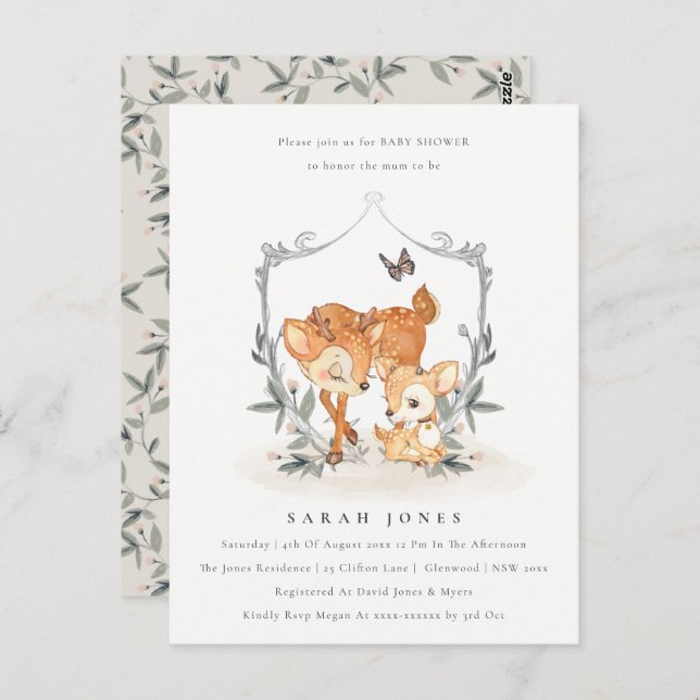 Budget Mum Deer Fawn Floral Crest Baby Shower Postcard (Front/Back)