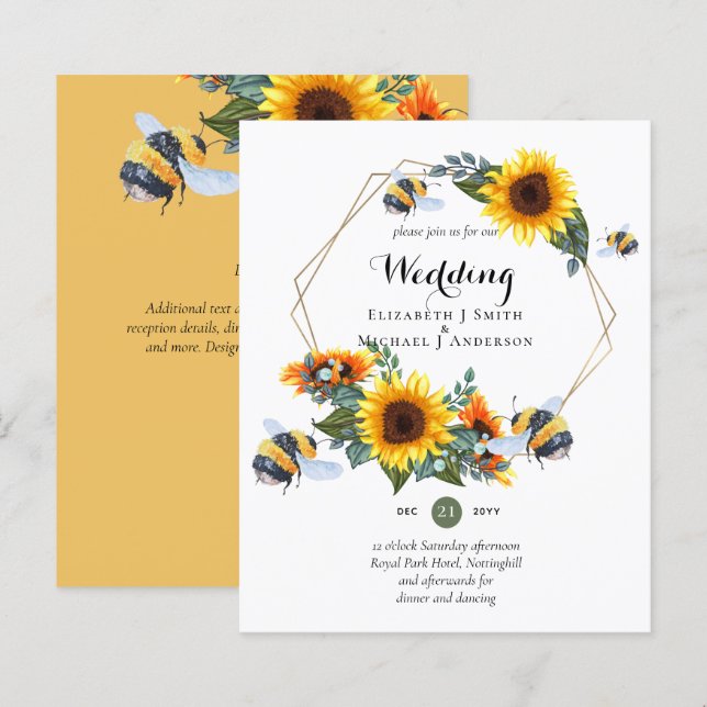 BUDGET Nature Boho Bees Sunflowers Wedding INVITE (Front/Back)