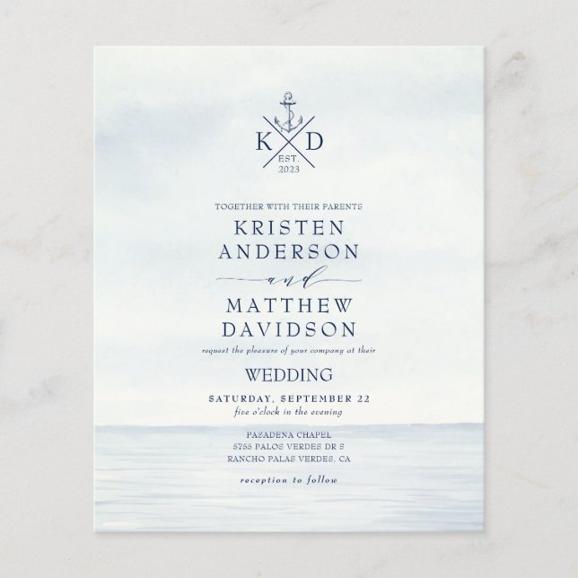 Budget Nautical Anchor Monogram Wedding Invite (Front)
