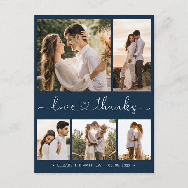 Budget Navy 5 Photo Wedding Thank You Postcard  (Front)