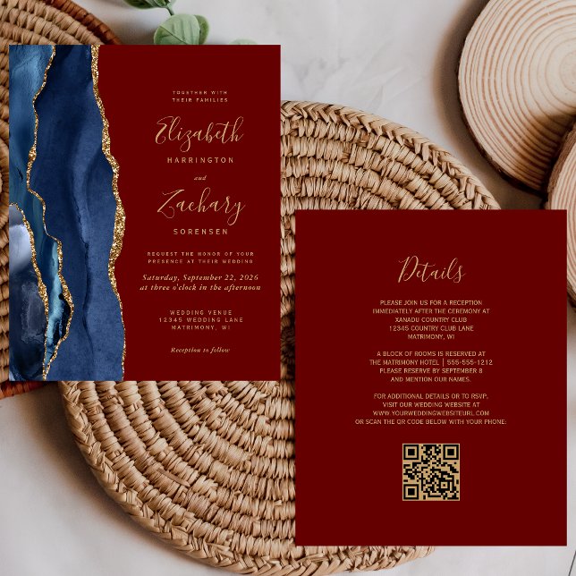 Budget Navy Agate Burgundy QR Code Wedding Invite (Creator Uploaded)