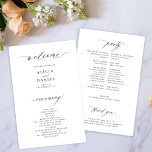 Budget navy and white elegant wedding program<br><div class="desc">Modern simple minimalist typography trendy clean white ceremony and party BUDGET affordable wedding program template featuring a chic trendy dark navy blue calligraphy script.              Easy to personalize with your custom text on both sides!</div>