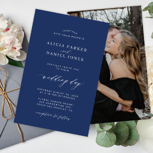 Budget navy and white photo wedding invitation