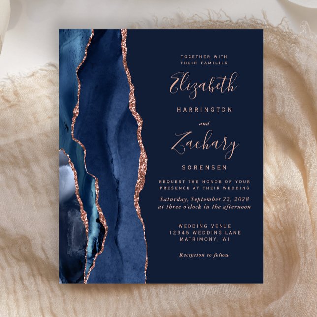 Budget Navy Blue Agate Rose Gold Wedding Invite (Creator Uploaded)