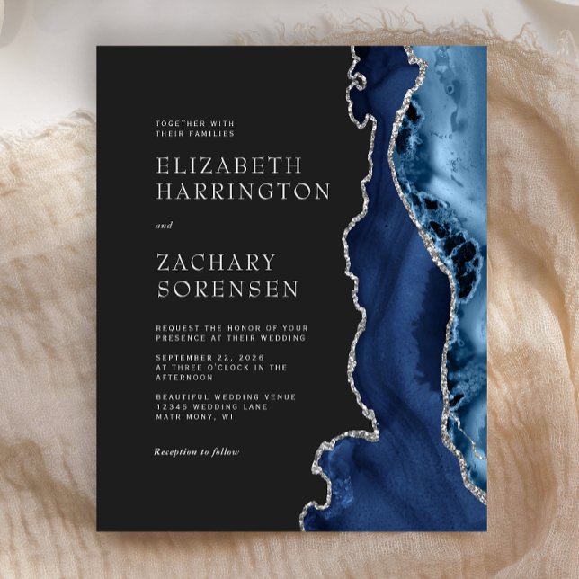 Budget Navy Blue Agate Silver Wedding Invitation (Creator Uploaded)