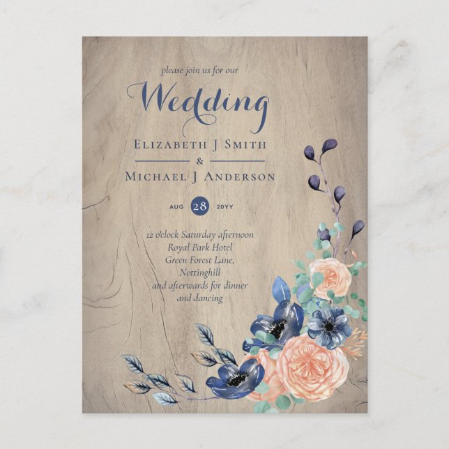 Budget Navy Blue and Coral Wedding Woodland Postcard (Front)