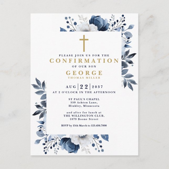 Budget Navy Blue Botanical Modern Confirmation Postcard (Front)