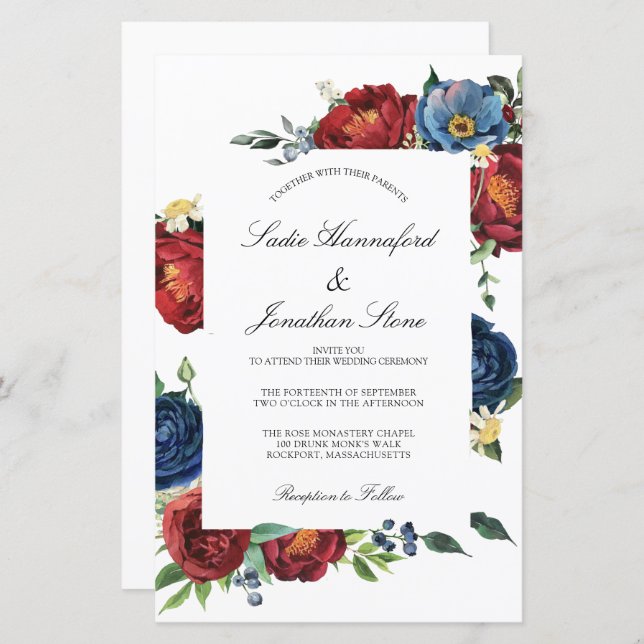 Budget Navy Blue Burgundy Red Wedding Invitation (Front/Back)