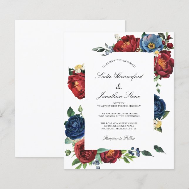 Budget Navy Blue Burgundy Red Wedding Invitation (Front/Back)
