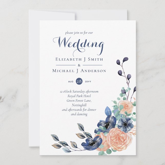 Budget Navy Blue Coral Floral Wedding Invites (Front)
