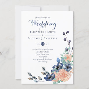 Budget Navy Blue Coral Floral Wedding Invites