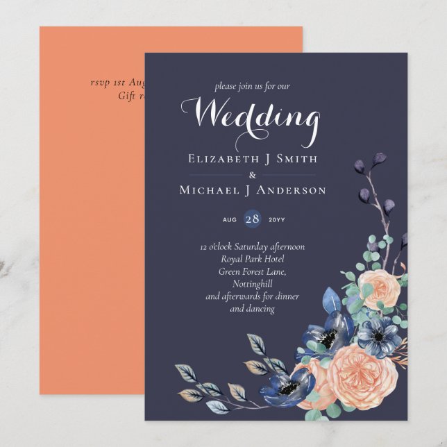 Budget Navy Blue Coral Floral Wedding Invites (Front/Back)
