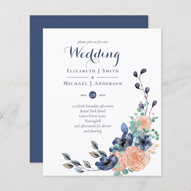 Budget Navy Blue Coral Floral Wedding Invites (Front/Back)