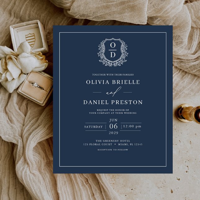 Budget Navy Blue Crest Monogram Wedding Invitation Flyer (Creator Uploaded)