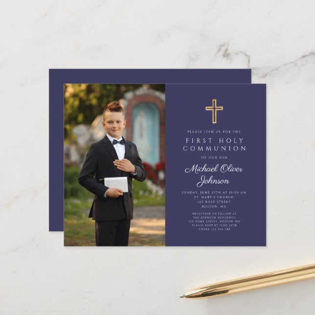 Budget Navy Blue Cross Photo Boy First Communion  (Front/Back In Situ)
