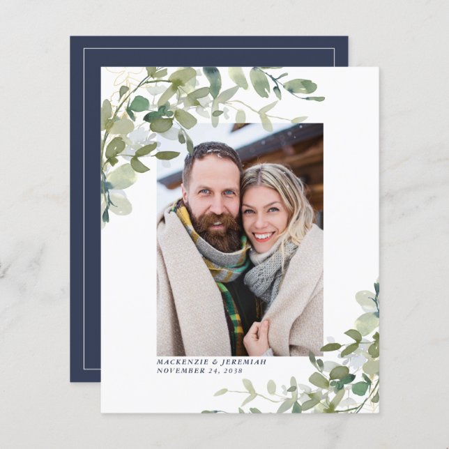 Budget Navy Blue Eucalyptus Photo Save the Date (Front/Back)