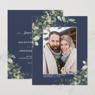 Budget Navy Blue Eucalyptus Photo Save the Date