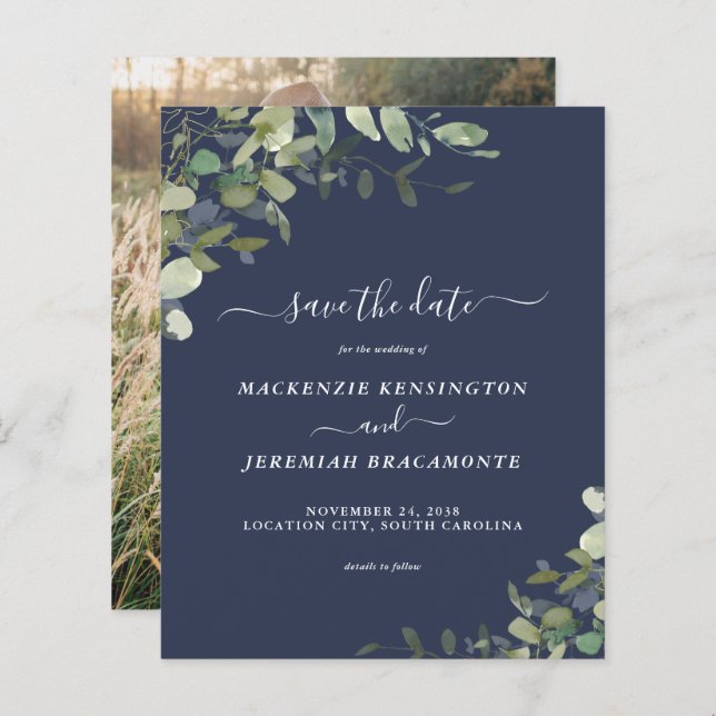 Budget Navy Blue Eucalyptus Photo Save the Date (Front/Back)