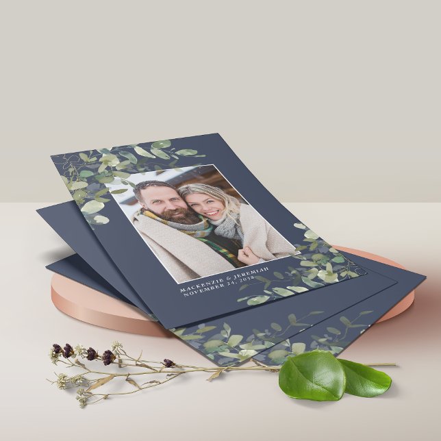 BUDGET Navy Blue Eucalyptus Photo Save the Date Flyer (Creator Uploaded)