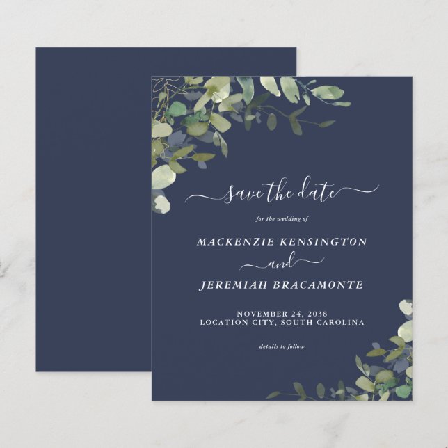 Budget Navy Blue Eucalyptus Wedding Save the Date (Front/Back)