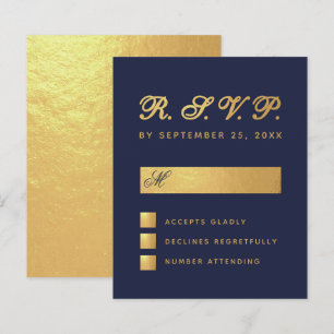 Budget Navy Blue Faux Gold Script Wedding RSVP