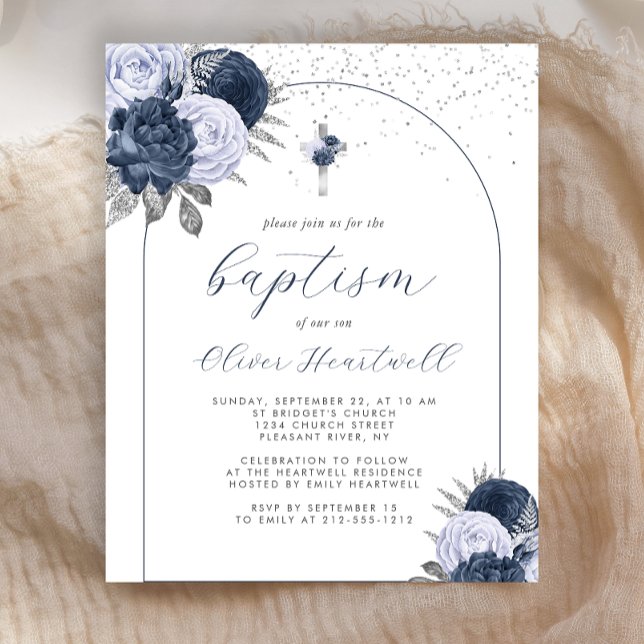 Budget Navy Blue Floral Arch Cross Boys Baptism (Creator Uploaded)