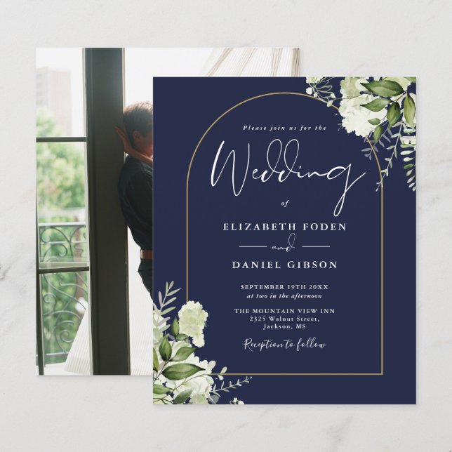Budget Navy Blue Floral Arch Photo Wedding Invite (Front/Back)