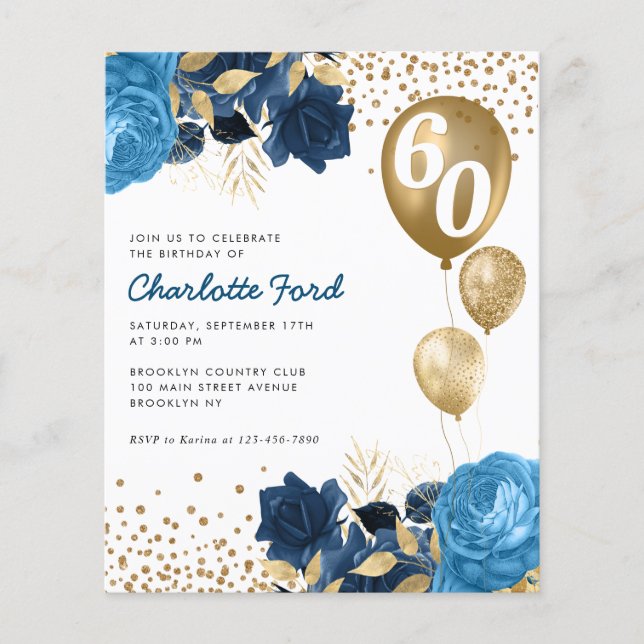 Budget Navy Blue Floral Gold Balloon Birthday (Front)