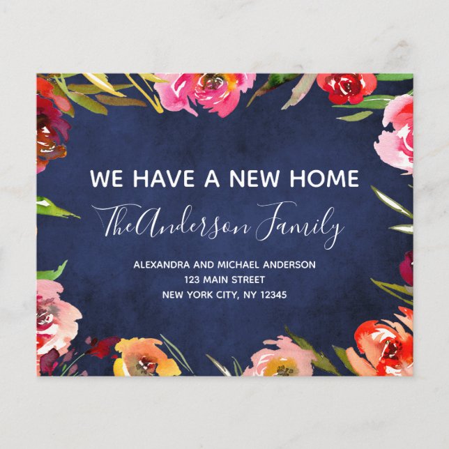Budget Navy Blue Floral Moving Announcement Flyer (Front)