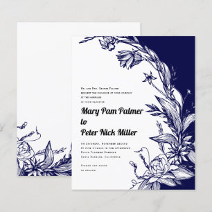 BUDGET Navy blue floral wedding invitation