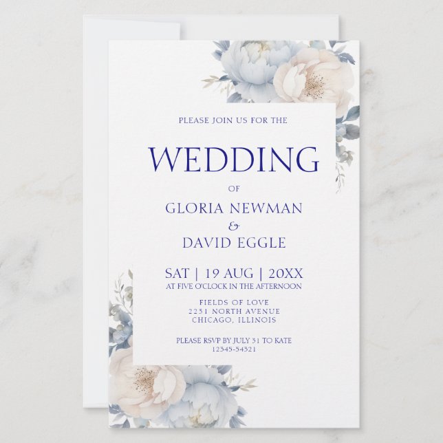Budget Navy Blue Floral Wedding Invitation (Front)