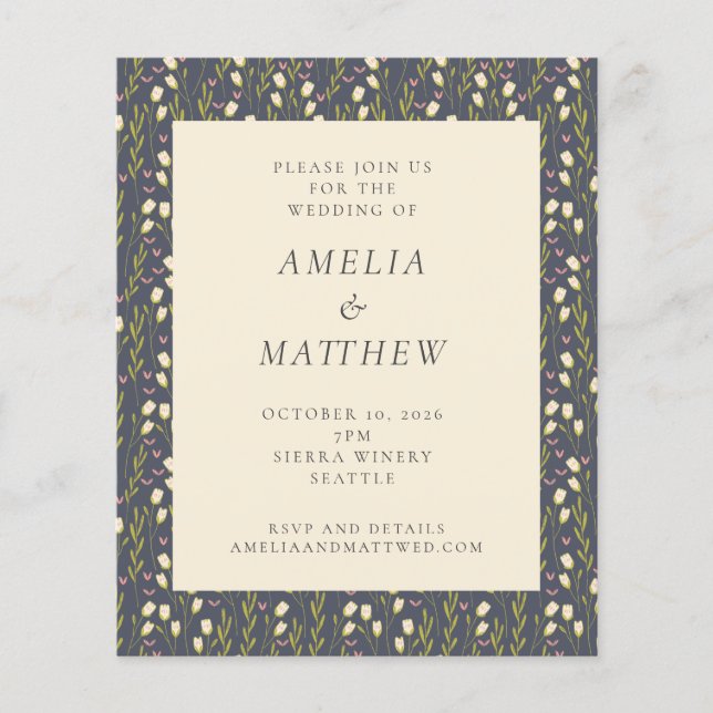 Budget Navy Blue Garden Pattern Wedding Invite (Front)