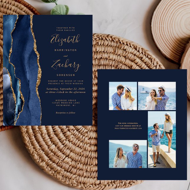 Budget Navy Blue Gold Agate 4-Photo Wedding Invite (Creator Uploaded)