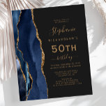 Budget Navy Blue Gold Agate Dark 50th Birthday<br><div class="desc">The left-hand edge of this elegant modern 50th birthday party invitation features a navy blue watercolor agate border trimmed with gold faux glitter. The customizable text combines gold-coloured handwriting,  copperplate and italic fonts on a slate black background. The reverse side features a matching navy blue and gold agate design.</div>