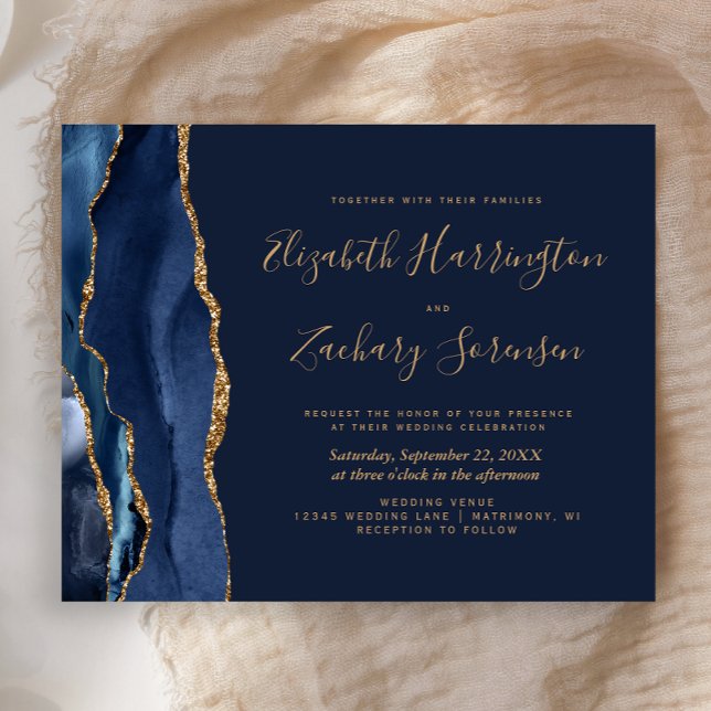 Budget Navy Blue Gold Agate Wedding Invitation (Creator Uploaded)