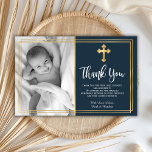 Budget Navy Blue Gold Baptism Thank You Cards<br><div class="desc">Budget, elegant navy blue christening and baptism thank you personalized affordable low budget THIN card. Send thanks to family and friends with this modern personalized thank you religious flat card. It features hand lettered ”Thank You” script, around double faux gold foil frame on navy background. ***PLEASE NOTE! *** BUDGET PAPER/FLYER...</div>
