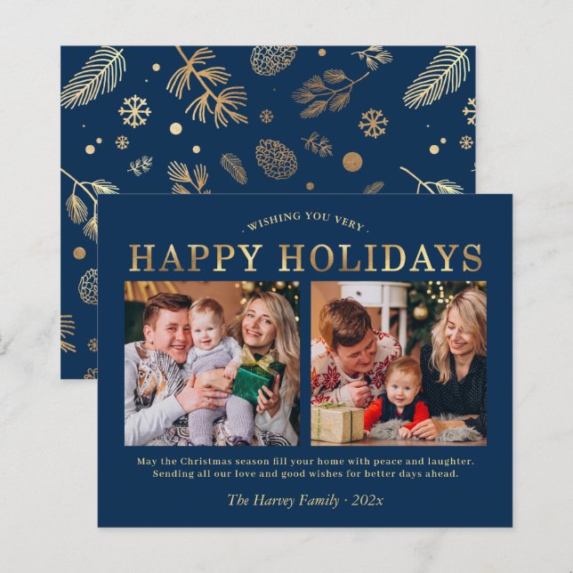 Budget Navy Blue Gold Christmas Holiday Photo Card (Front/Back)