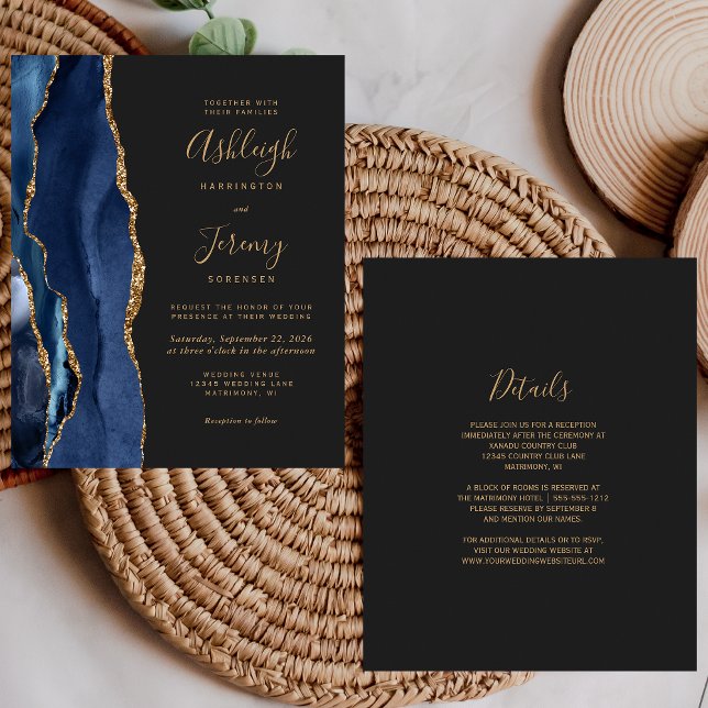 Budget Navy Blue Gold Dark Wedding Details Invite (Creator Uploaded)