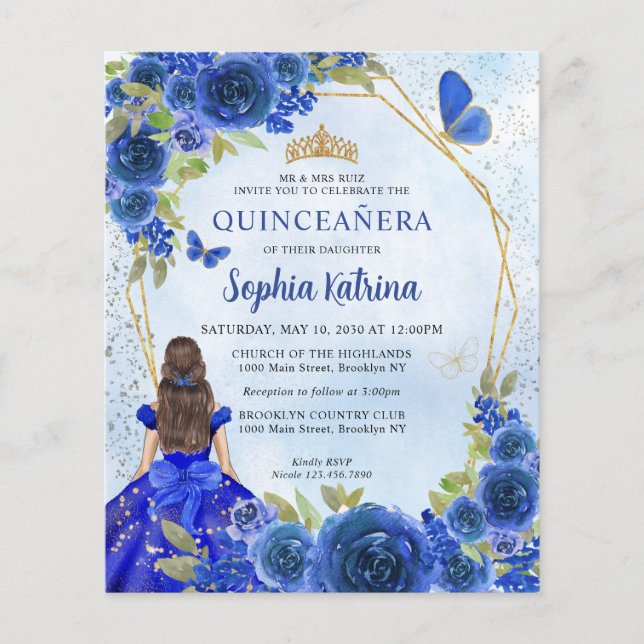 Budget Navy Blue Gold Floral Princess Quinceañera (Front)