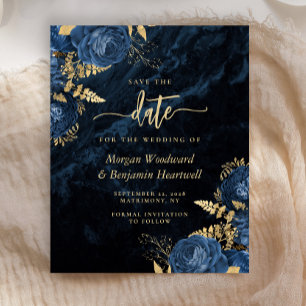 Budget Navy Blue Gold Floral Wedding Save the Date