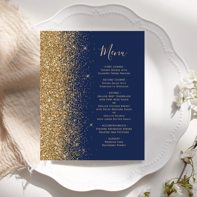 Budget Navy Blue Gold Glitter Wedding Menu (Creator Uploaded)